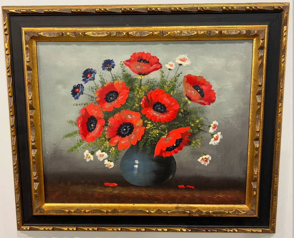 Original Vintage Oil Red Poppies